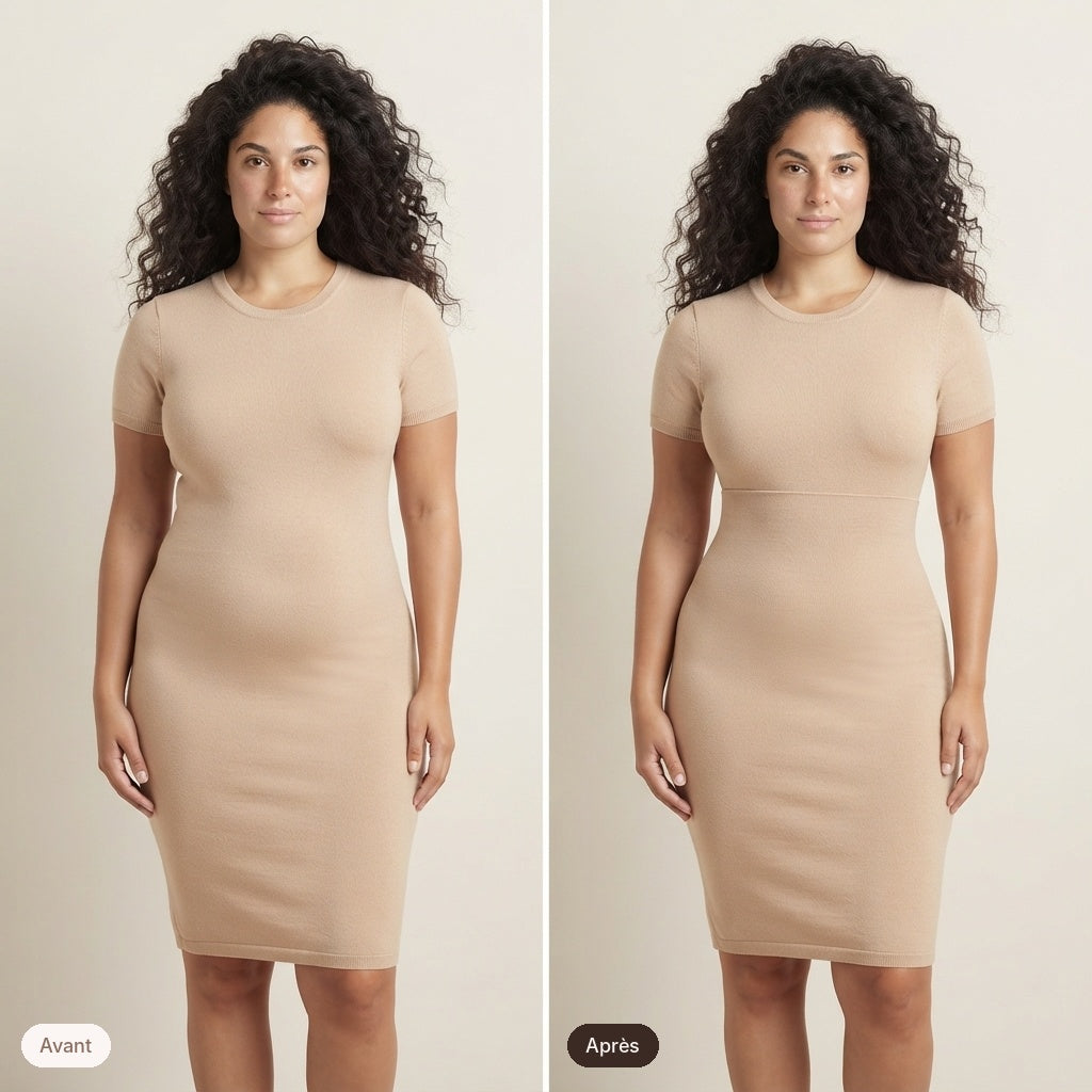 Robe ajustée portée avant et avec la culotte gainante Ondalie dessous